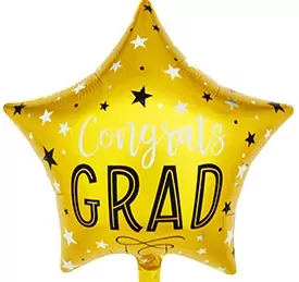 Gold star balloon with "Congrats Grad" in bold black lettering.