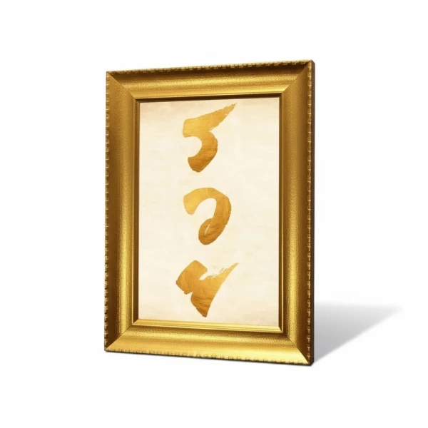 Gold framed Thai calligraphy art with golden textured lettering for "Rich" on a marble-like background.