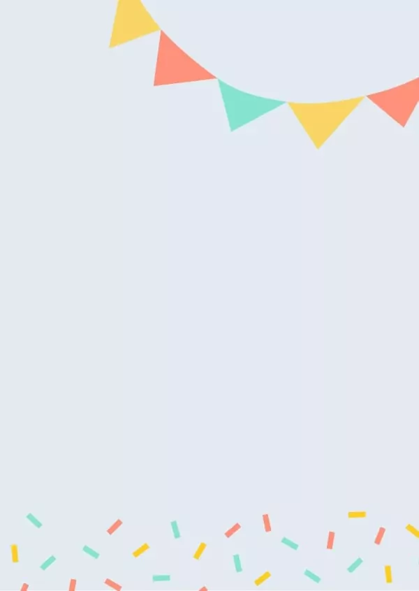 Birthday card with bunting at the top and confetti at the bottom in yellow, pink, and teal.