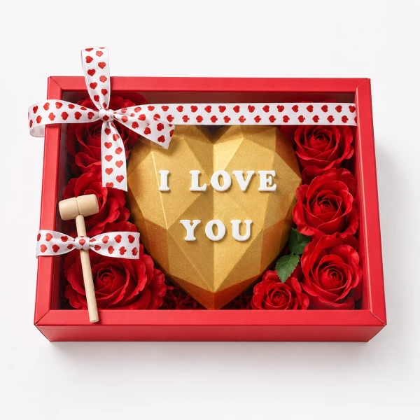 Heart-shaped chocolate piñata with "I love you" written on it, a hammer, and red roses in a red gift box.