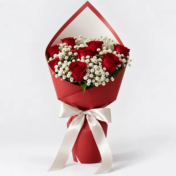 Bouquet of red roses and white carnations in red paper, tied with a silver ribbon.
