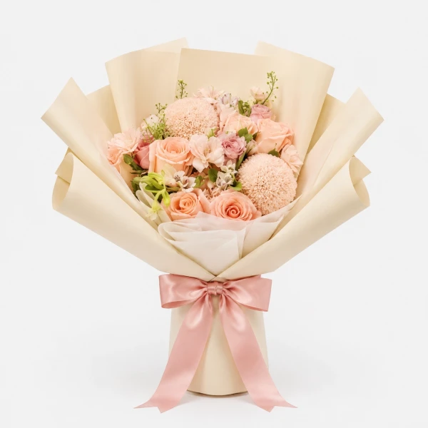 Peach and pink rose bouquet with pingpong flowers, wrapped in ivory paper and tied with a blush satin bow.