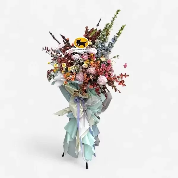 Prosperity Bloom Floral Stand with roses, chrysanthemums, and seasonal blooms.