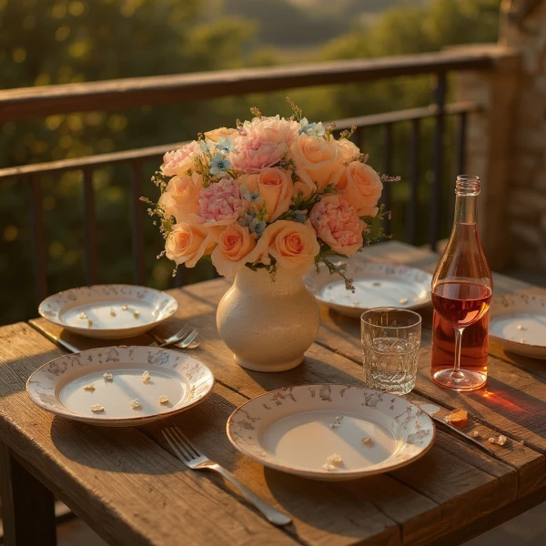A bouquet of peach and pink roses with blue accents on a wooden table with place settings and a bottle of rosé.