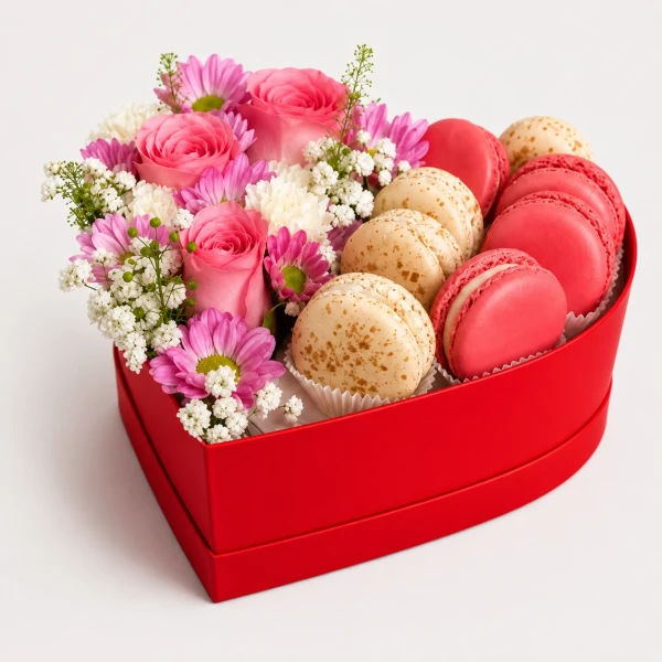 Heart-shaped box of pink roses and macarons.