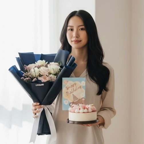 Woman holding a birthday bouquet, cake, and card.