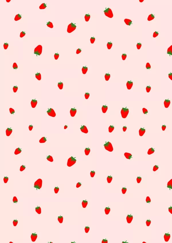 A pattern of scattered red strawberries with green stems on a light pink background.