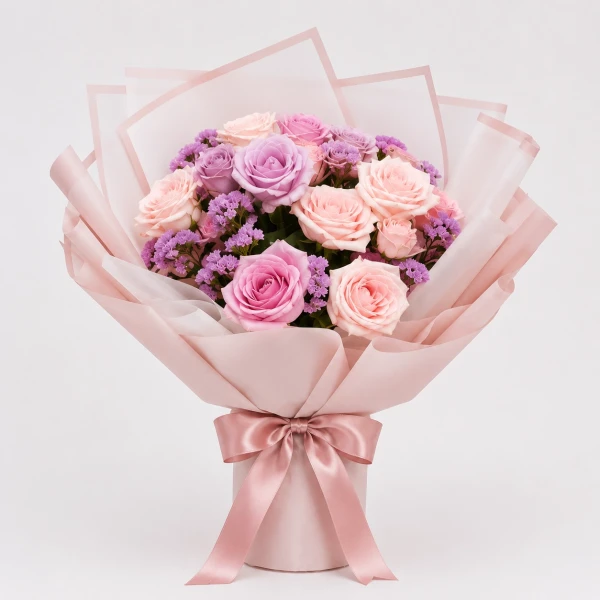 Pastel pink and purple rose bouquet wrapped in delicate pink paper with a ribbon.