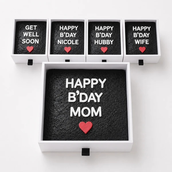 Brownies in drawers: "Happy B'Day Mom" and "Happy B'Day Wife", "Happy B'Day Hubby", "Happy B'Day Nicole", "Get Well Soon".