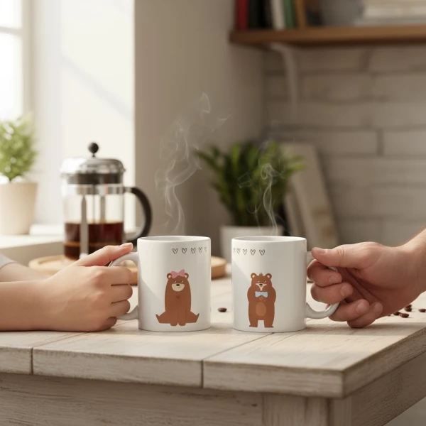 Two steaming mugs with cartoon bears, one with a bow, one with a bow tie, held by two people.