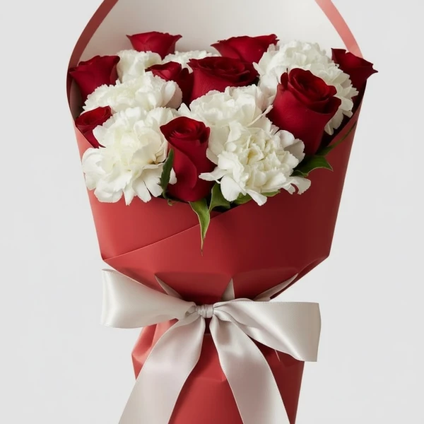 Bouquet of red roses and white carnations in red paper, tied with a white ribbon.