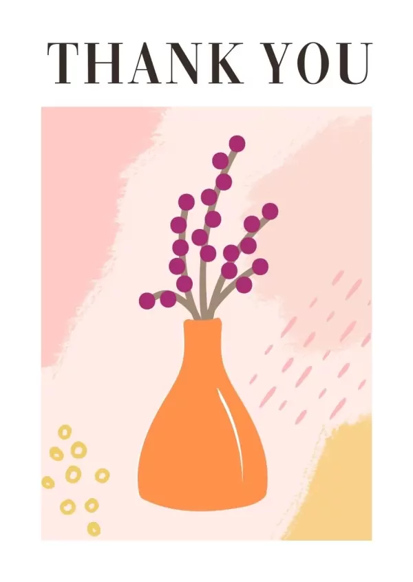 Thank you card with an orange vase holding a sprig of purple berries against a pink and peach abstract background.