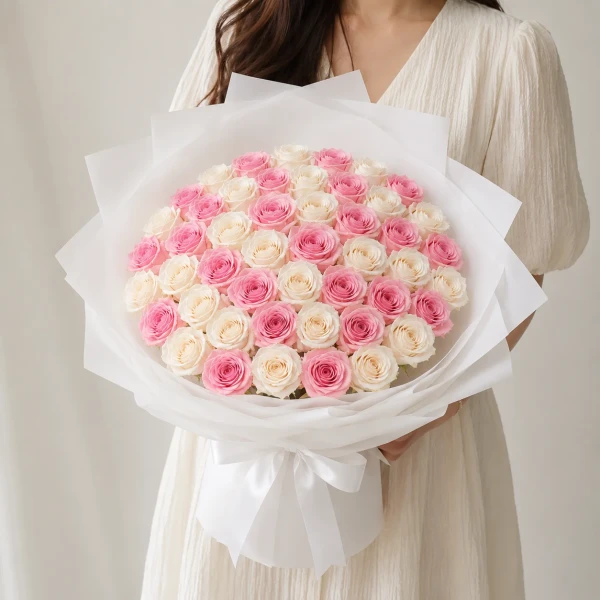 Bouquet of 50 pink and white roses, arranged in a white paper wrapper, resting on a car seat.