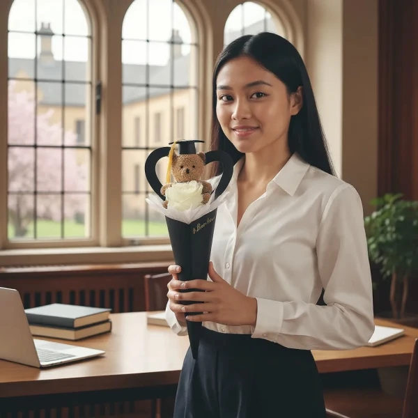 Young woman in graduation gown holding a graduation teddy bear bouquet in front of arched windows.