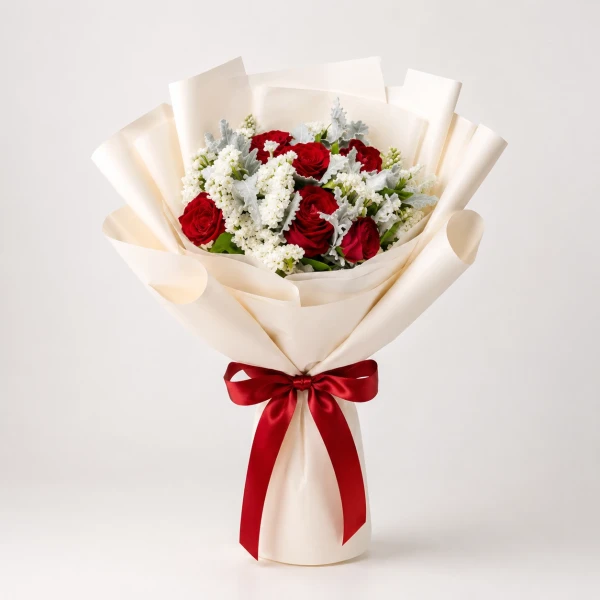 A bouquet of red roses, white statice, and dusty miller wrapped in cream paper and tied with a red ribbon.