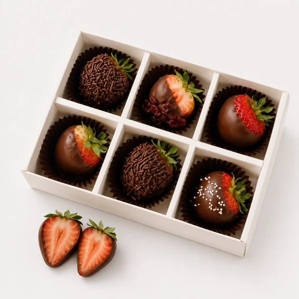 Box of 6 chocolate-covered strawberries, some with sprinkles, some with dried fruit, and one with white nonpareils.