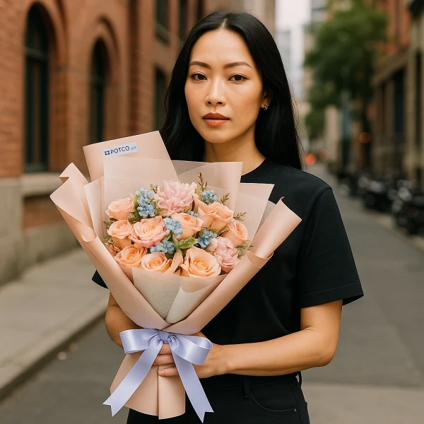 Woman holding a peach and pink flower bouquet with a blue ribbon, on a street.