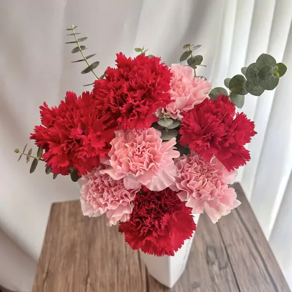Pink and red carnations in a white vase with eucalyptus sprigs, on a wooden surface.