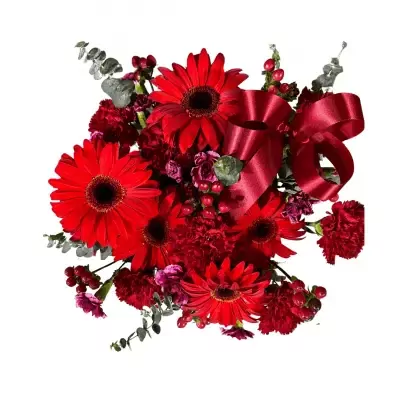 A lush bouquet of red gerbera daisies and carnations with a red satin bow and eucalyptus leaves.