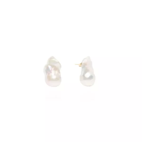 Two baroque pearl earrings on white background.