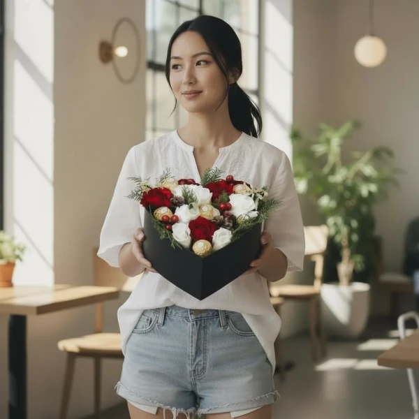 Heart-shaped box with red and white roses, carnations, and Ferrero Rocher chocolates held by a woman.