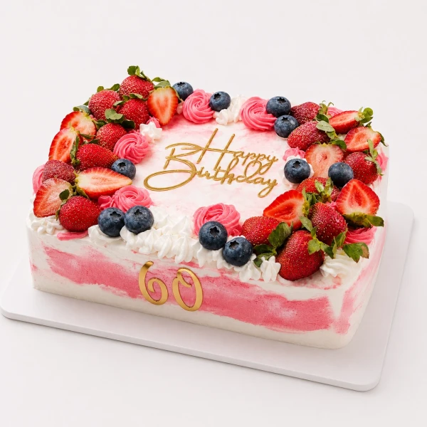 Rectangular pink cake with strawberries, blueberries, and "Happy Birthday" topper, featuring "11" candles and a "Your Number Here" badge.