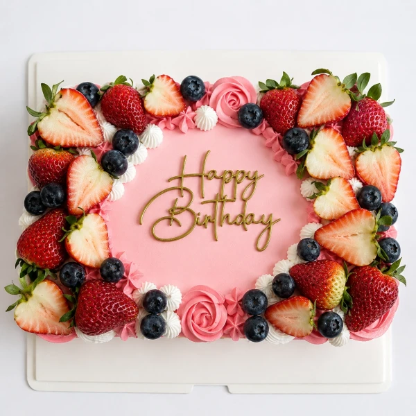 Pink rectangular cake decorated with strawberries, blueberries, and piped frosting.
