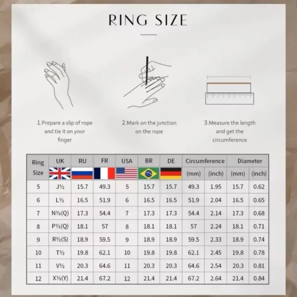Ring size chart with instructions on how to measure finger circumference.