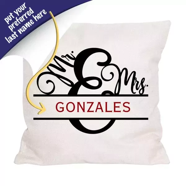 Personalized pillow with "Mr. & Mrs. Gonzales" in script font above "GONZALES" in block font.