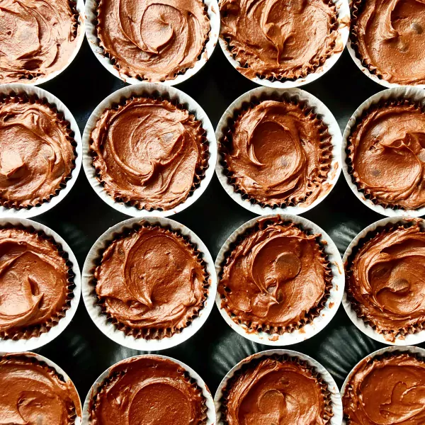 A top-down view of nine chocolate fudge brownie bites in white paper liners.