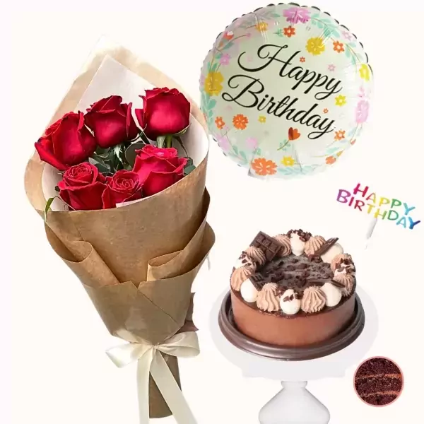 Birthday combo: red roses, chocolate cake, and a "Happy Birthday" balloon.