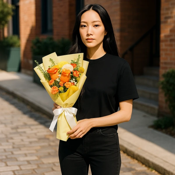 Woman in black shirt holding a bouquet of orange and yellow flowers wrapped in yellow paper with a white ribbon.