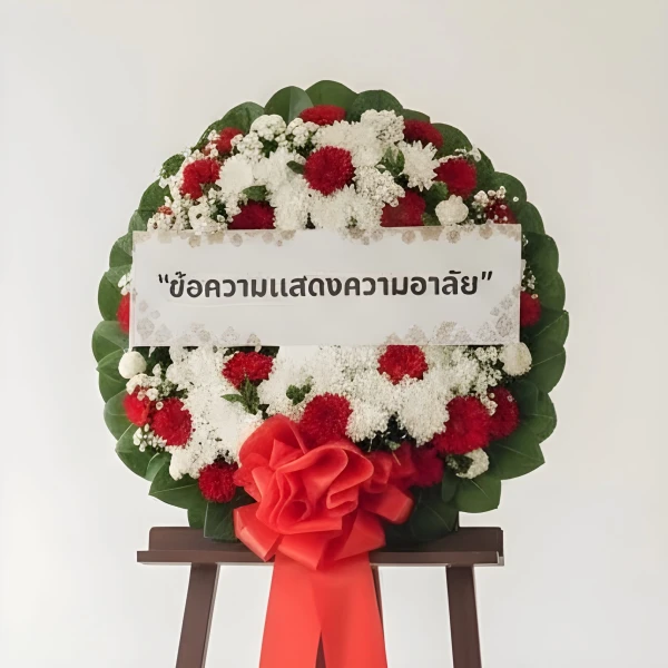 Funeral wreath with red and white flowers on a stand, bearing a condolence message.