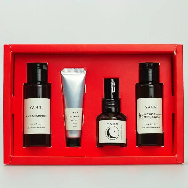 Yahn premium healing beauty set in a red box, featuring hair shampoo, hand cream, body wash spray, and body wash.