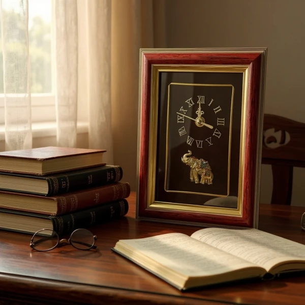 Clock with Roman numerals and elephant design on a desk with books.