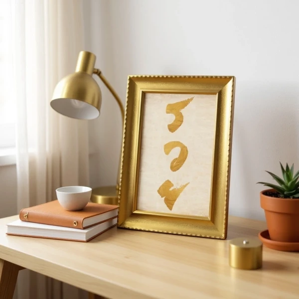 Gold framed art with "Rich" in gold Thai calligraphy on a marble background.