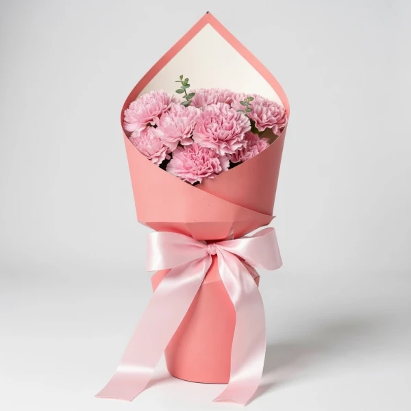A pink bouquet of carnations with eucalyptus, wrapped in coral paper and tied with a pale pink ribbon.