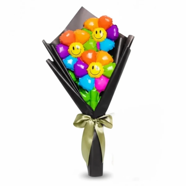 A bouquet of colorful smiley-face balloons shaped like flowers, wrapped in black paper and tied with a green ribbon.