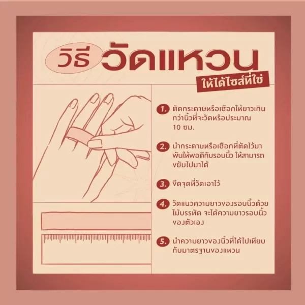 Thai text explains how to measure finger size for a ring, with an illustration of a hand and a ruler.