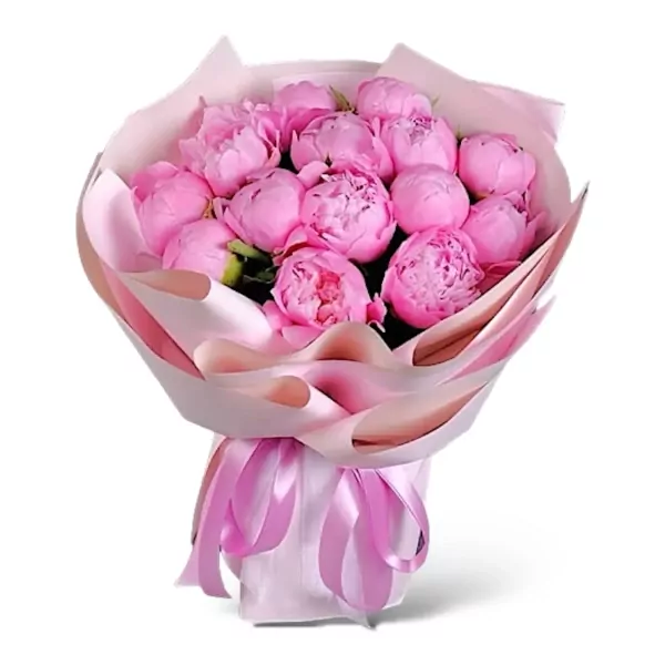 Bouquet of 20 vibrant pink peonies wrapped in delicate pink paper, tied with satin ribbons.