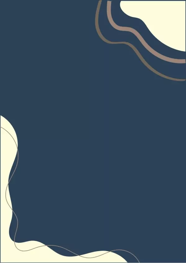 Dark blue background with abstract wavy cream and brown shapes in the corners.