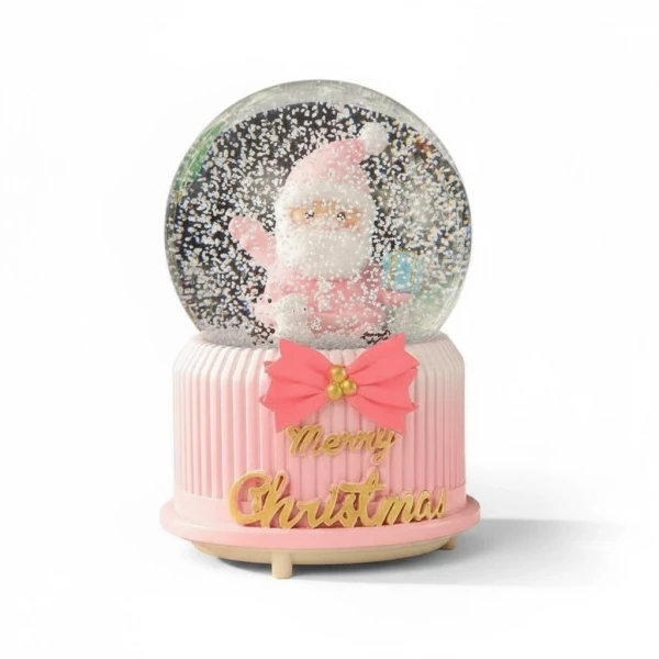Pink Santa Christmas snow globe with pink base and "Merry Christmas" text.
