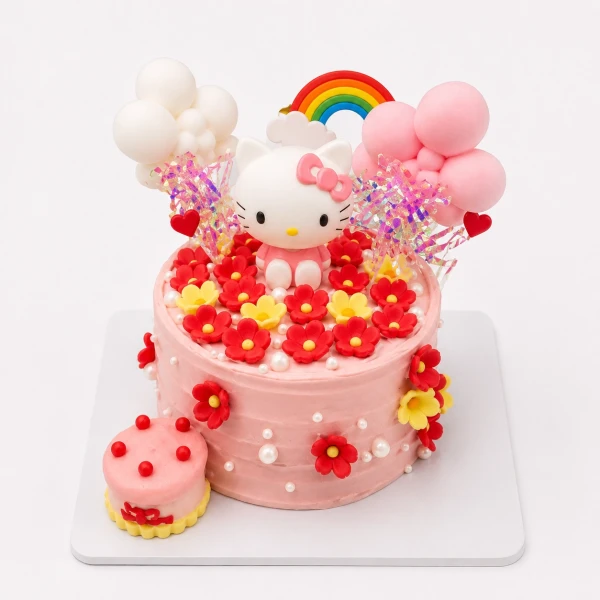 Pink Hello Kitty cake with flowers, balloons, and rainbow topper.