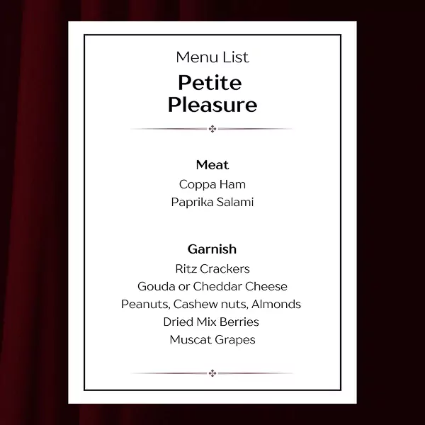 Menu for Petite Pleasure set: Coppa ham, paprika salami, Ritz crackers, Gouda cheese, grapes, nuts, and berries.