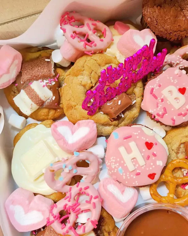 Sweet treats assortment including cookies, brownies, marshmallows, and pretzels decorated with pink icing and sprinkles.