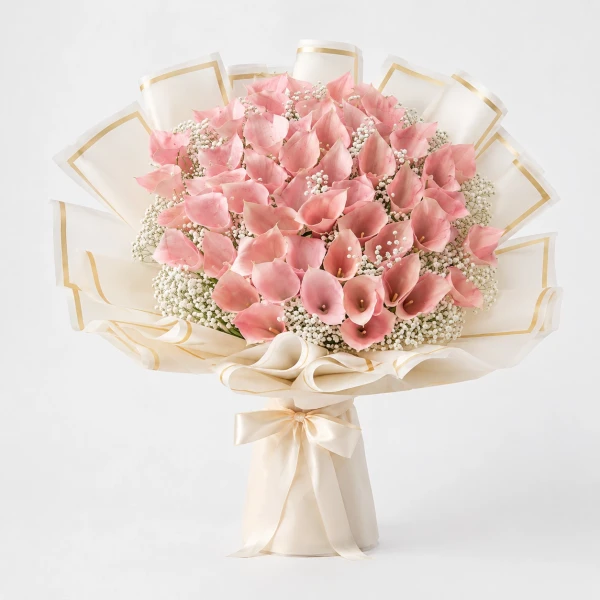 Woman holding a large bouquet of pink flowers made of folded banknotes.