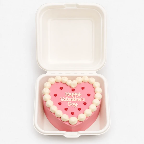 Heart-shaped pink Valentine's cake with white frosting border and "Happy Valentine's Day" text.