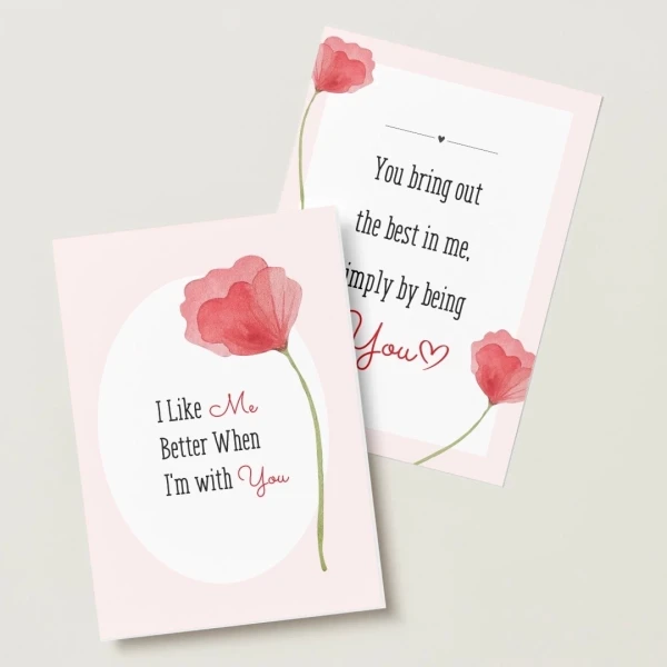 Two pink greeting cards with watercolor poppies. One card reads "I Like Me Better When I'm with You".