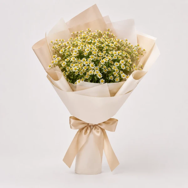 A bouquet of daisies wrapped in kraft paper, tied with twine.