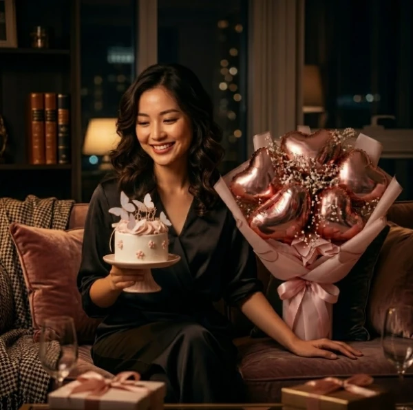Woman holds a butterfly cake next to a rose gold heart balloon bouquet.